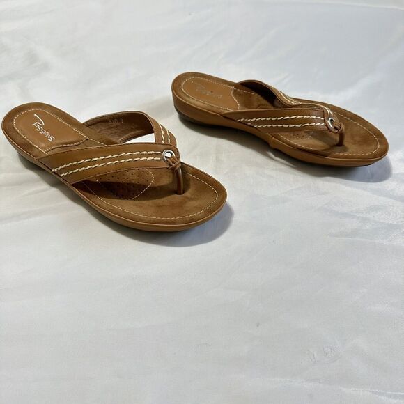 Passions Womens Size US 9 Tan Mustard Stitched  Comfort Low Heel Thong Sandals - Picture 3 of 8